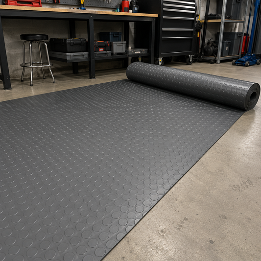 Close-up of black coin PVC garage flooring texture