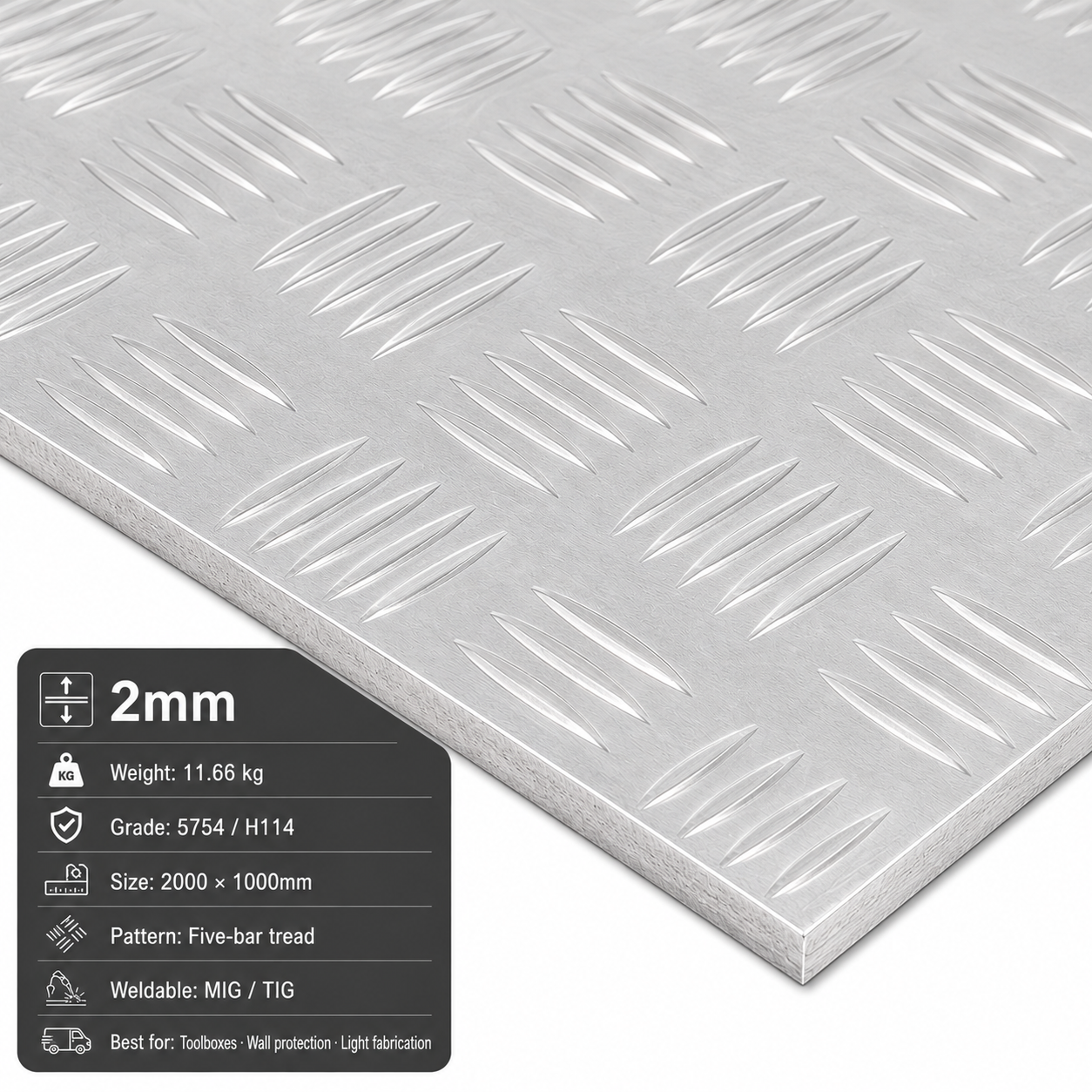 Aluminium chequer plate 2m x 1m (2000 x 1000mm) 5754 five-bar tread plate - view 2