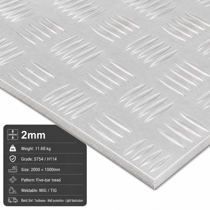 Aluminium chequer plate 2m x 1m (2000 x 1000mm) 5754 five-bar tread plate - view 2