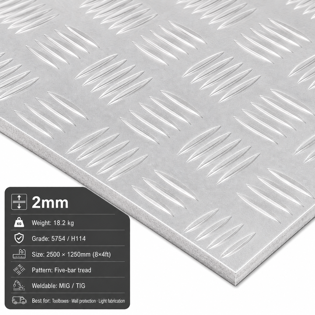 Aluminium Chequer Plate 8x4 (2500 x 1250mm) – 5754 Five Bar