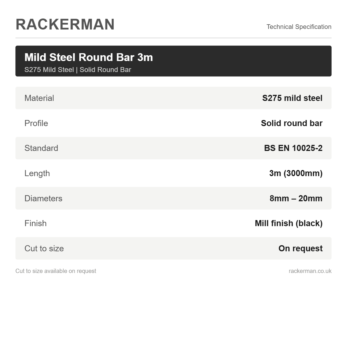 3m Mild Steel Round Bar S275 - Solid Steel Bar 8mm to 20mm - Rackerman
