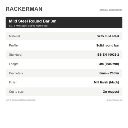 3m Mild Steel Round Bar S275 - Solid Steel Bar 8mm to 20mm - Rackerman