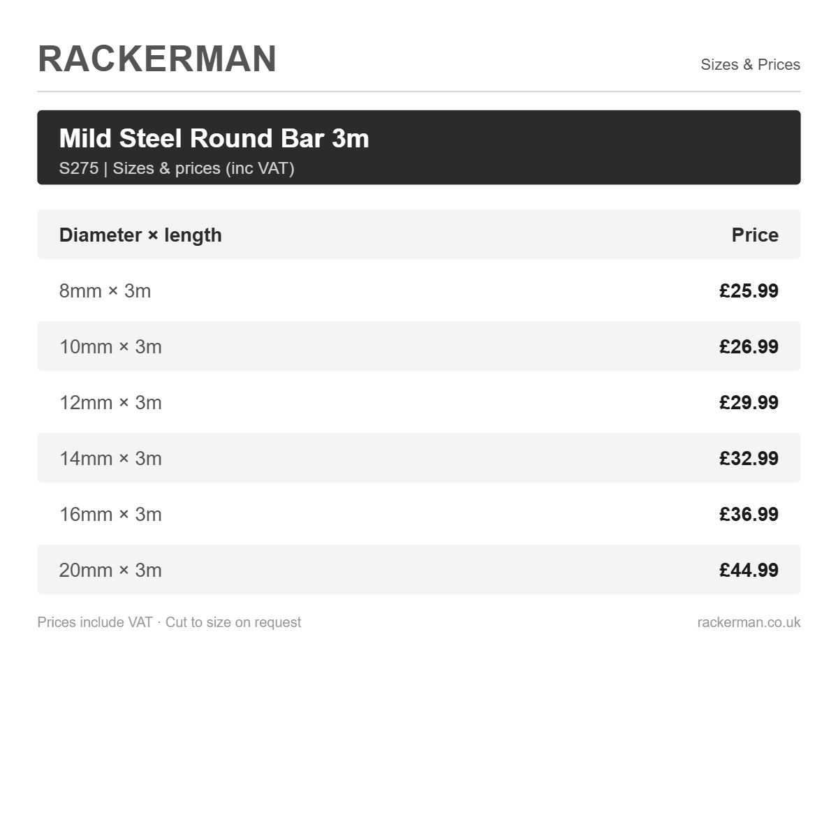 3m Mild Steel Round Bar S275 - Solid Steel Bar 8mm to 20mm - Rackerman