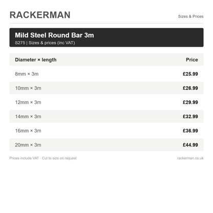 3m Mild Steel Round Bar S275 - Solid Steel Bar 8mm to 20mm - Rackerman
