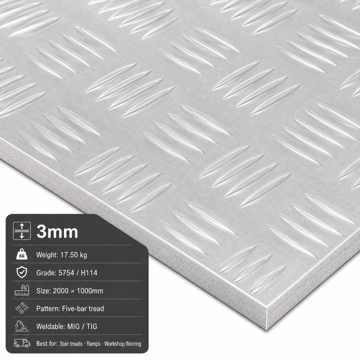 Aluminium chequer plate 2m x 1m (2000 x 1000mm) 5754 five-bar tread plate - view 3