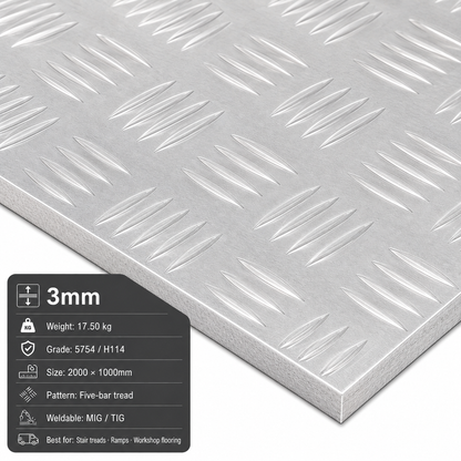 Aluminium chequer plate 2m x 1m (2000 x 1000mm) 5754 five-bar tread plate - view 3
