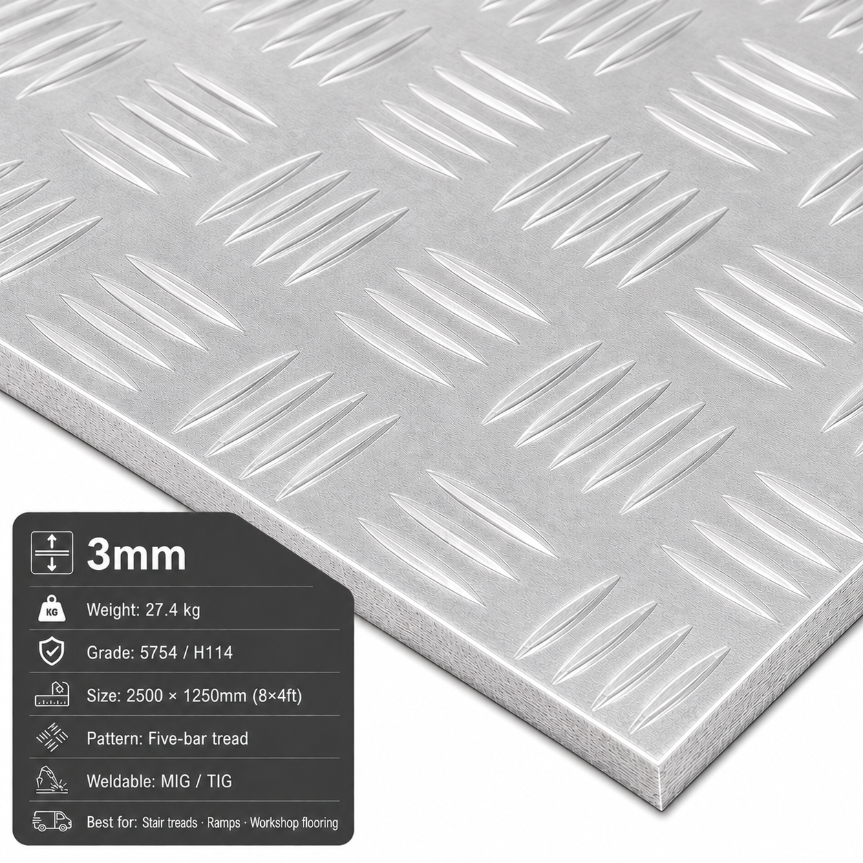 Aluminium Chequer Plate 8x4 (2500 x 1250mm) – 5754 Five Bar