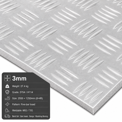 Aluminium Chequer Plate 8x4 (2500 x 1250mm) – 5754 Five Bar