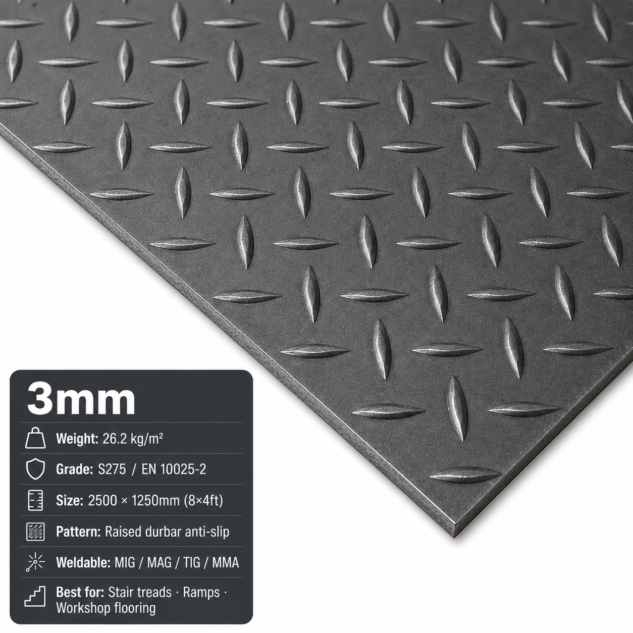 Mild Steel Durbar Checker Plate – 8×4ft (2500 × 1250mm) S275