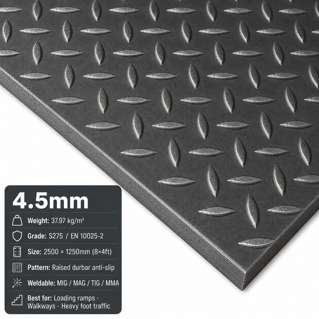 Mild steel durbar checker plate 2000 x 1000mm S275 - anti-slip steel tread plate - view 2