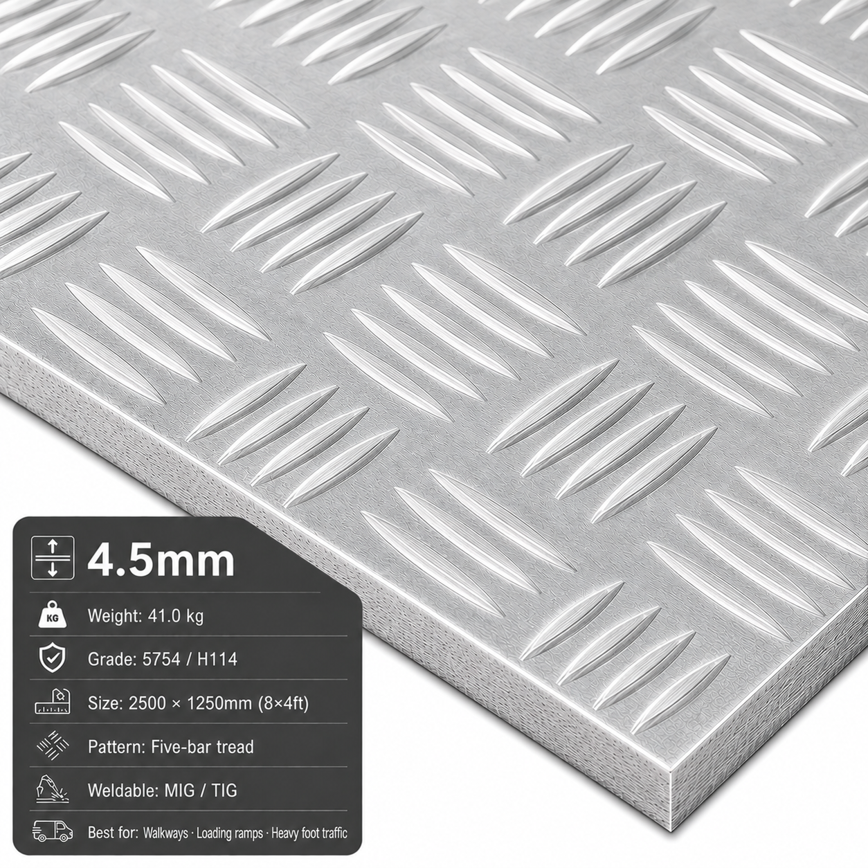 Aluminium Chequer Plate 8x4 (2500 x 1250mm) – 5754 Five Bar