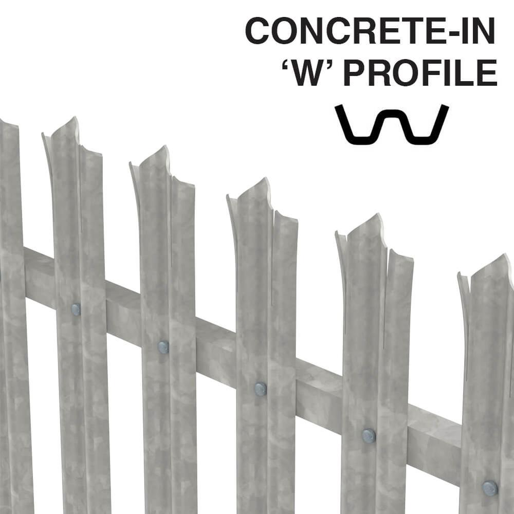 Galvanised palisade fencing 2.1m 2.75m run kit concrete-in W point profile - notched 2mm pales