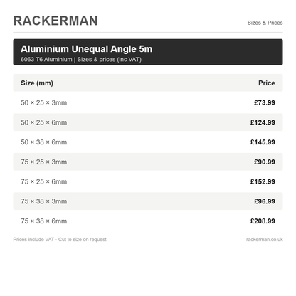6063 T6 aluminium unequal angle sizes 50x25mm to 75x38mm