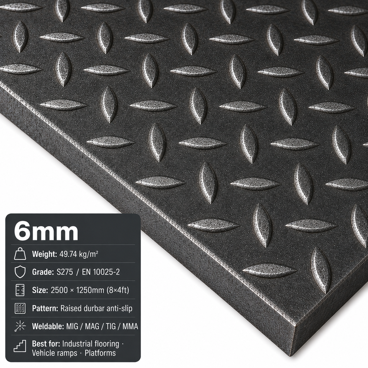 Mild Steel Durbar Checker Plate – 8×4ft (2500 × 1250mm) S275