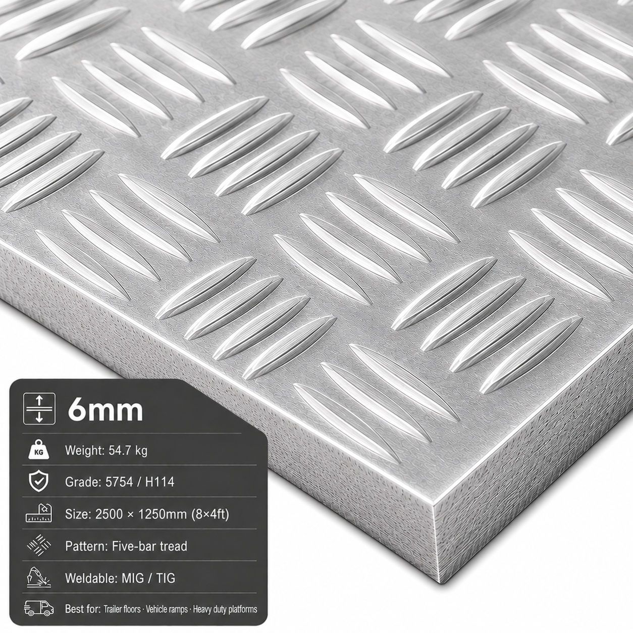 Aluminium Chequer Plate 8x4 (2500 x 1250mm) – 5754 Five Bar