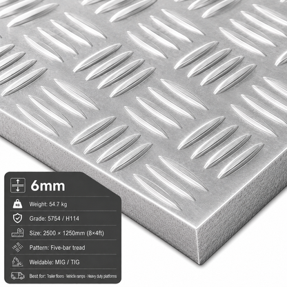Aluminium Chequer Plate 8x4 (2500 x 1250mm) – 5754 Five Bar
