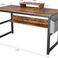 Industrial Writing Desk with Storage Bag, 47in Computer PC Laptop Table with Bookshelf and Wood Monitor Stand Riser