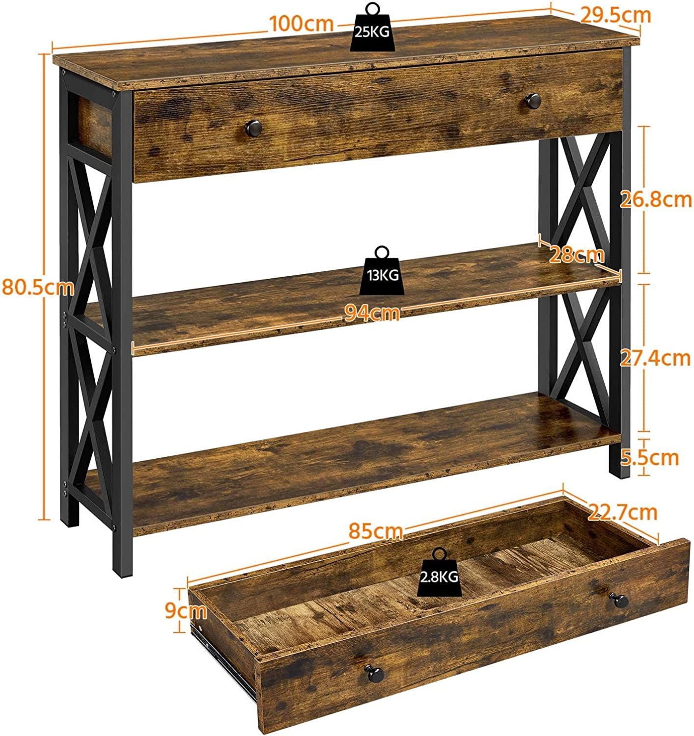 Industrial Console Table with Drawer Metal Frame