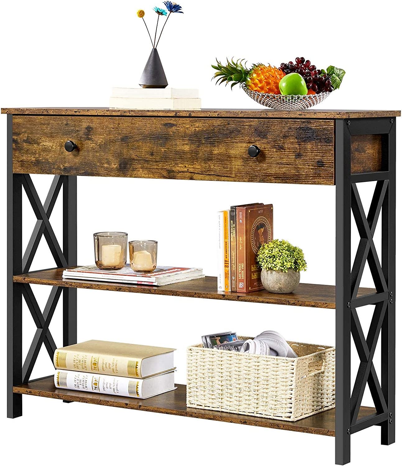 Industrial Console Table with Drawer Metal Frame