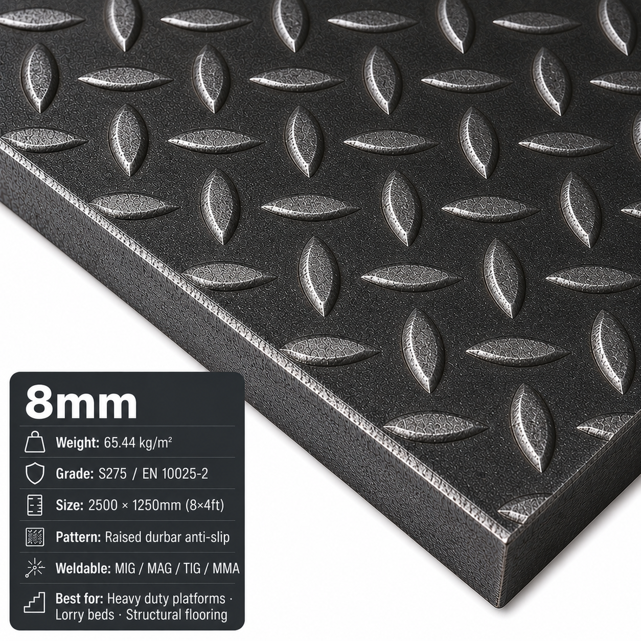 Mild Steel Durbar Checker Plate – 8×4ft (2500 × 1250mm) S275