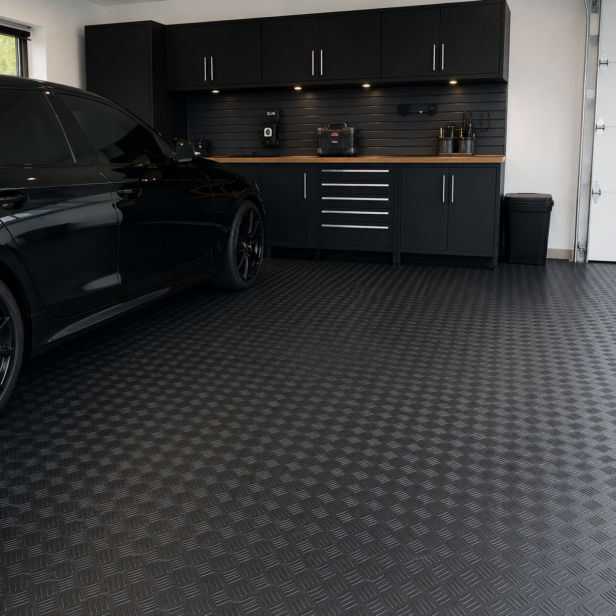 Black 1.5m wide 3mm 5 bar rubber flooring installed in a clean modern UK garage with parked black car and tool cabinets visible