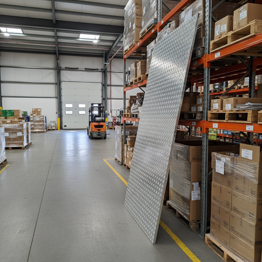 Warehouse aisle with aluminium chequer plate storage