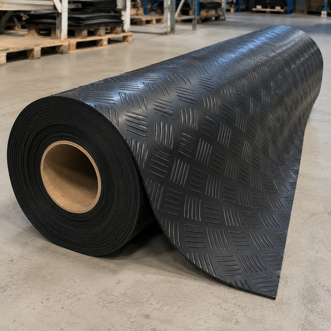 Rolled black 1.5m wide 3mm 5 bar rubber garage flooring in a warehouse setting, showing thickness and texture