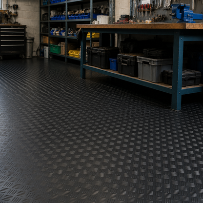 Installed black 1.5m wide 3mm 5 bar rubber flooring in a busy workshop with workbench and tools visible