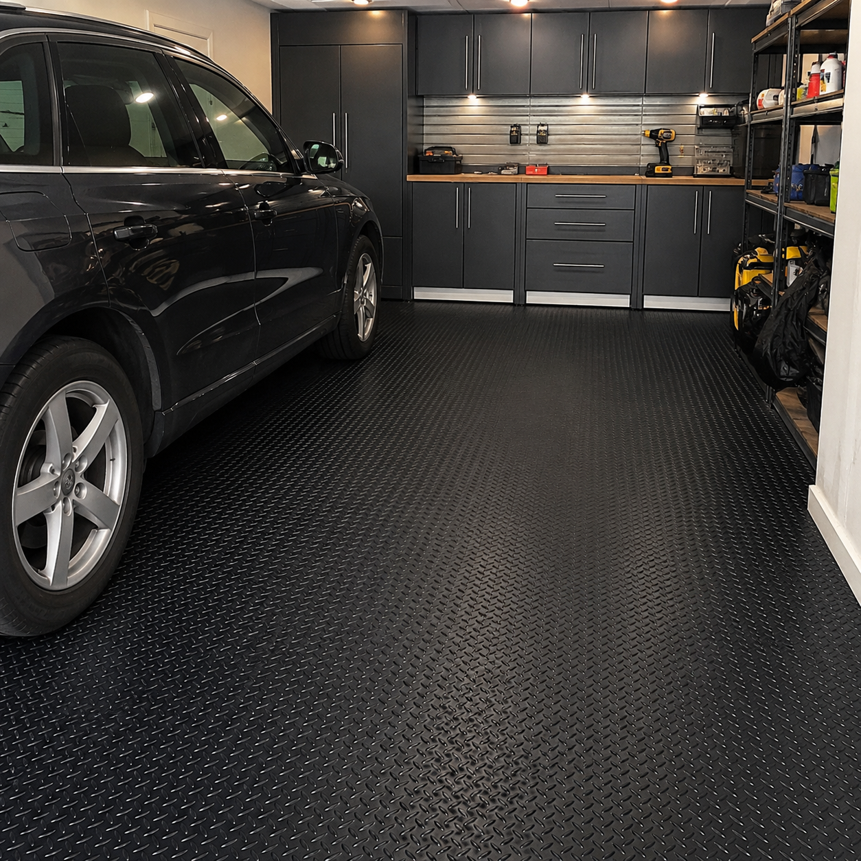 Black 5 bar rubber garage flooring installed in modern UK garage