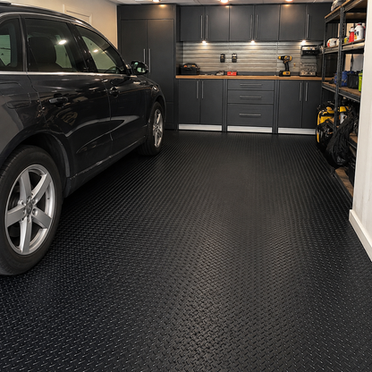 Black 5 bar rubber garage flooring installed in modern UK garage