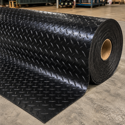 Rolled black 1.5m wide 5 bar rubber garage flooring in warehouse
