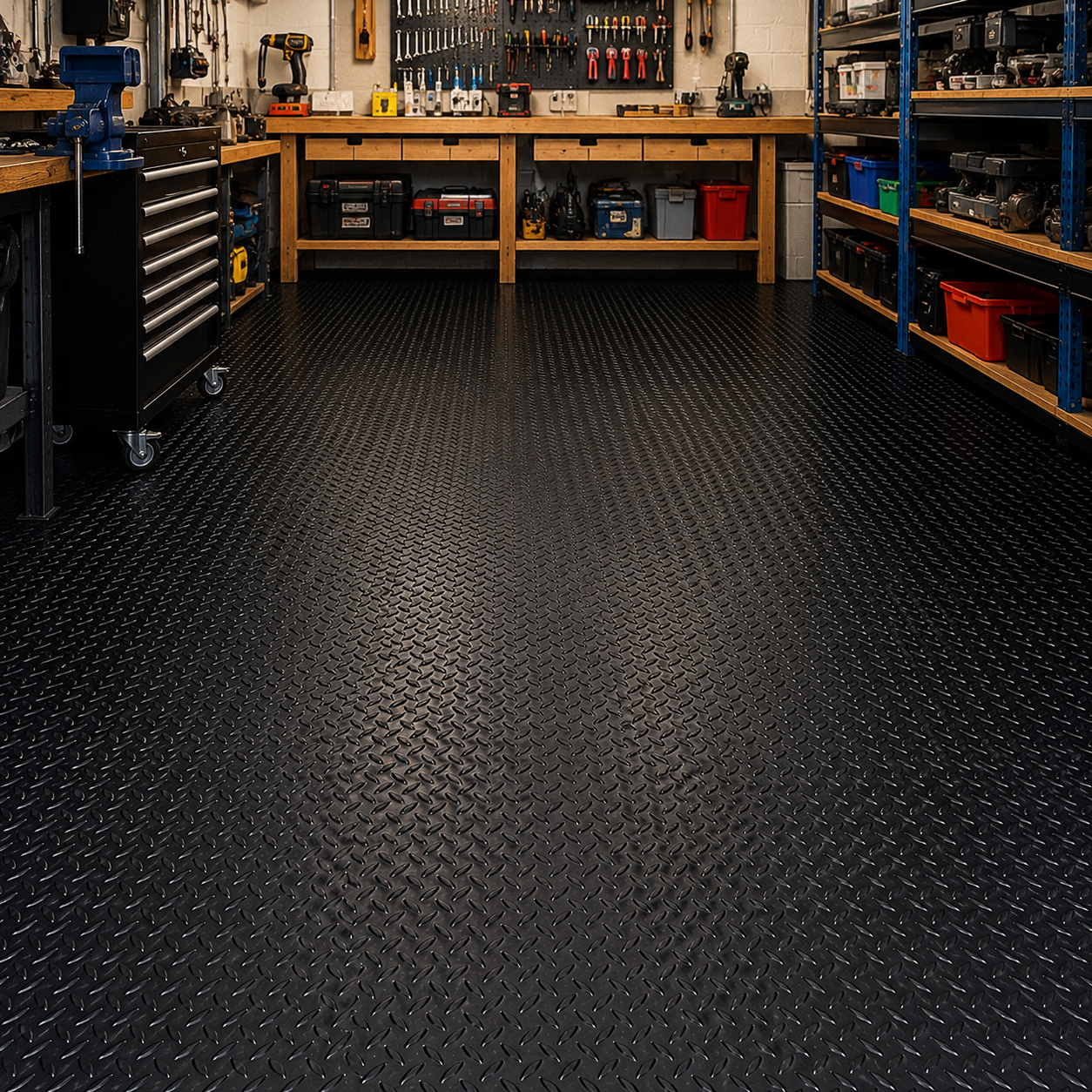 5 bar rubber garage flooring installed in workshop with shelving and tools

