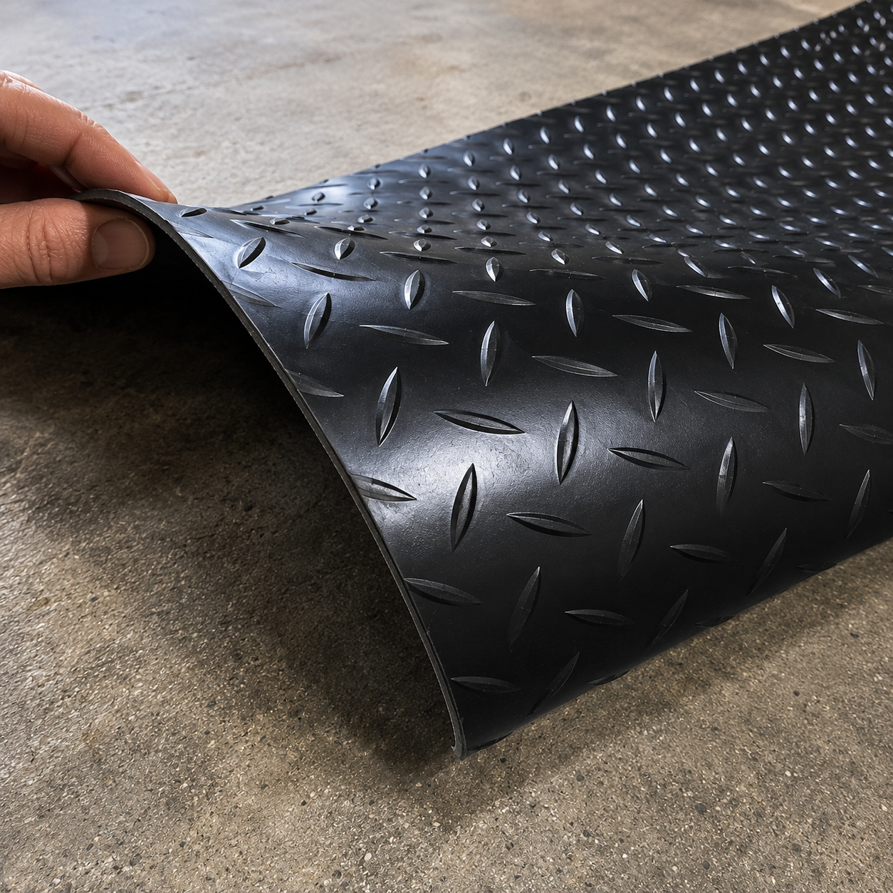 Black 5 bar rubber flooring folded to show flexibility and thickness
