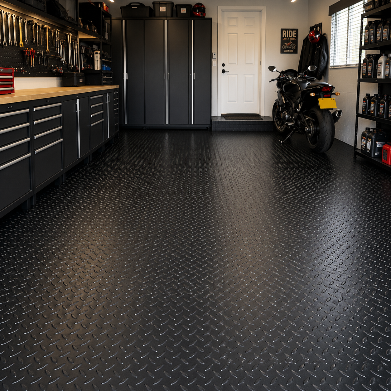 Rubber garage flooring installed in a modern home garage