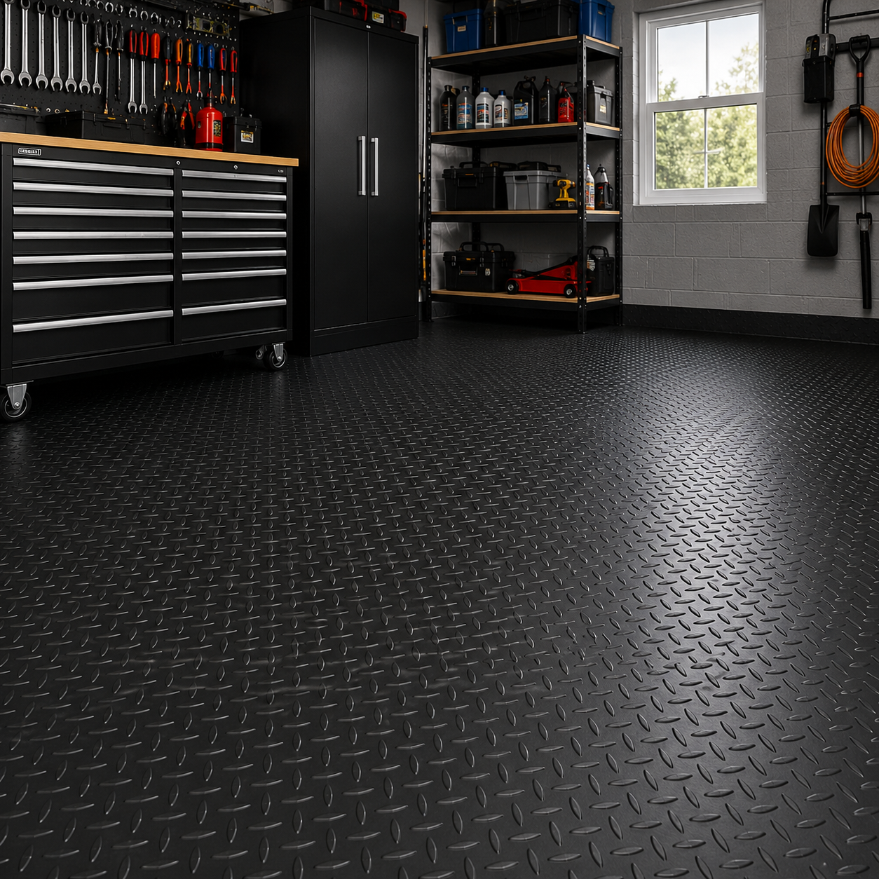 Heavy-duty checker rubber flooring fitted in workshop garage