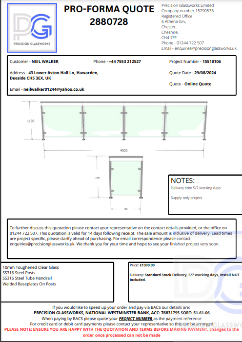 PRECISION GLASSWORKS PRIVATE ORDER - 15510106 NEIL WALKER