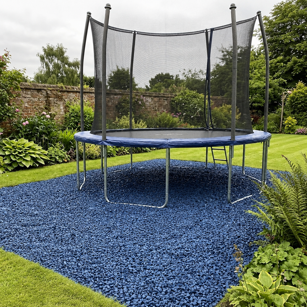 Blue rubber mulch installed beneath trampoline