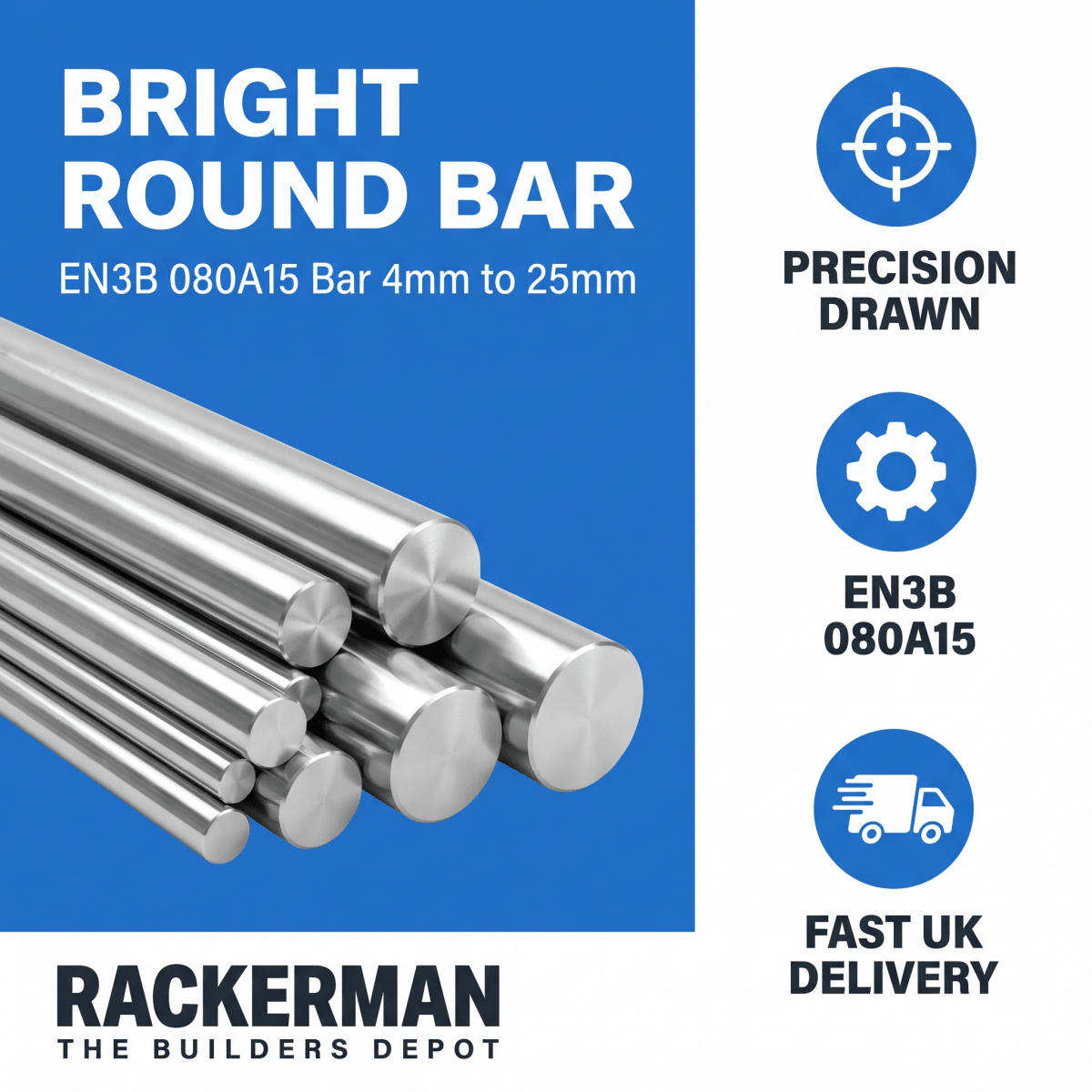 Bright Mild Steel Round Bar 3m - EN3B 080A15 Bar 4mm to 25mm - Rackerman