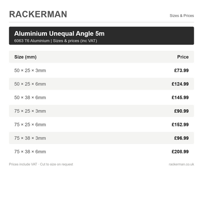 6063 T6 aluminium unequal angle sizes and prices including VAT - Rackerman