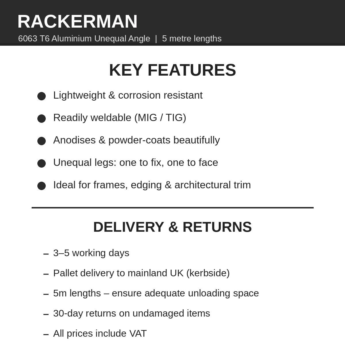 Rackerman 6063 T6 aluminium unequal angle key features and UK delivery