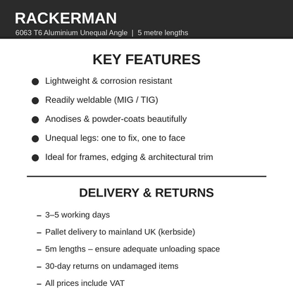 Rackerman 6063 T6 aluminium unequal angle key features and UK delivery