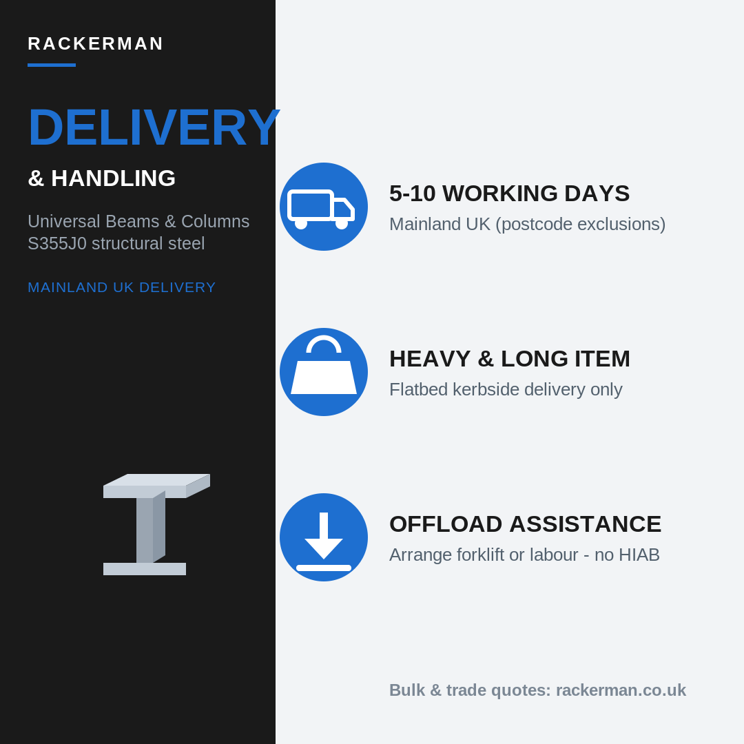 203x203 UC46 steel column delivery - 5 to 10 day kerbside, heavy item, offload assistance