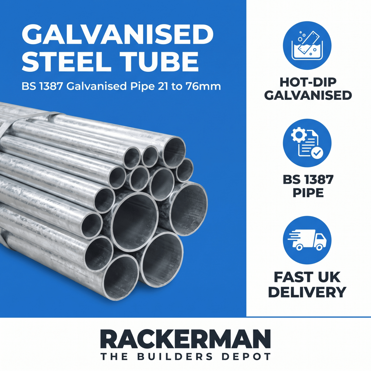 Close-up of galvanised tube showing zinc coating and threaded end