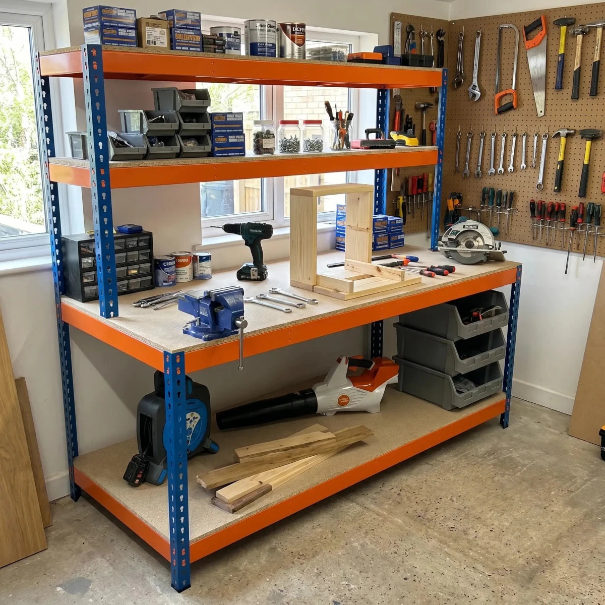 Heavy Duty Steel Workstation Bench with Upper Shelves - Rackerman