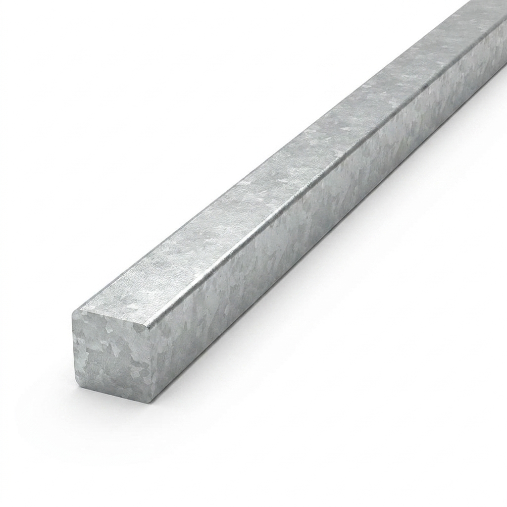 Galvanised steel square bar 6m full length on white background - Rackerman
