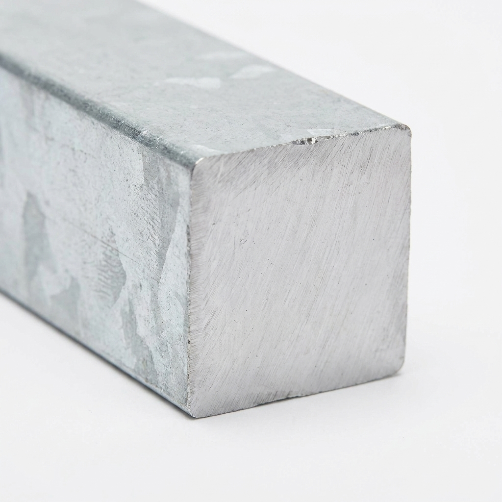 Galvanised steel square bar cut end cross-section close-up - Rackerman