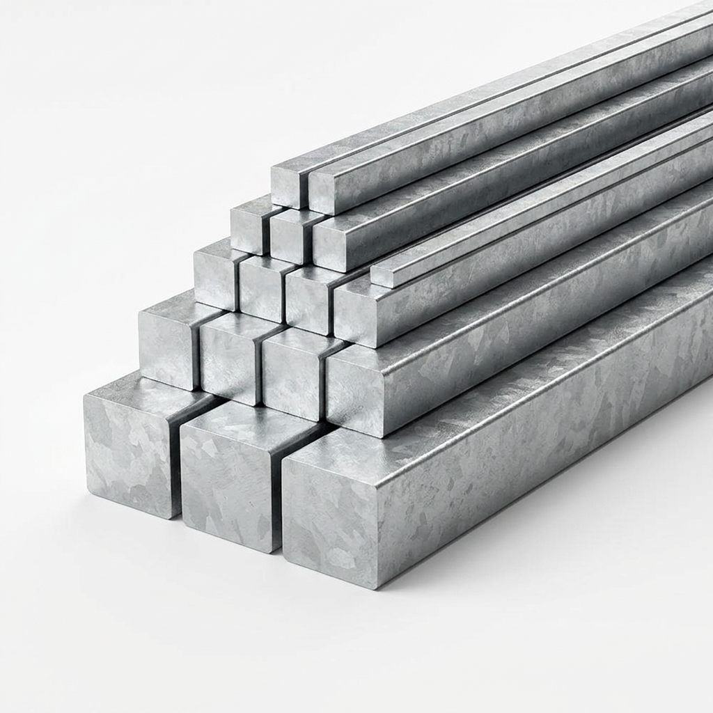 Galvanised steel square bar sizes nested group on white - Rackerman