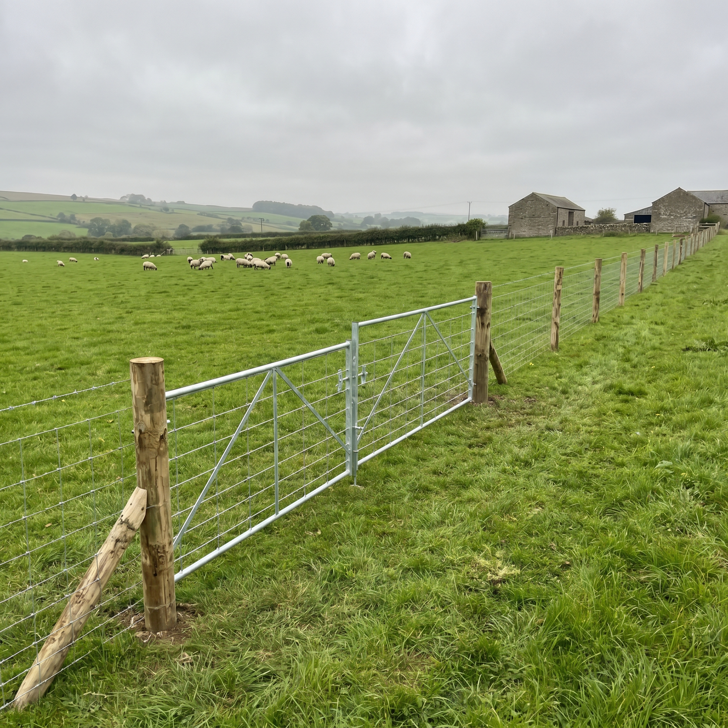 Galvanised stock fencing on timber posts along a UK farm field boundary with sheep grazing