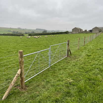 Galvanised stock fencing on timber posts along a UK farm field boundary with sheep grazing