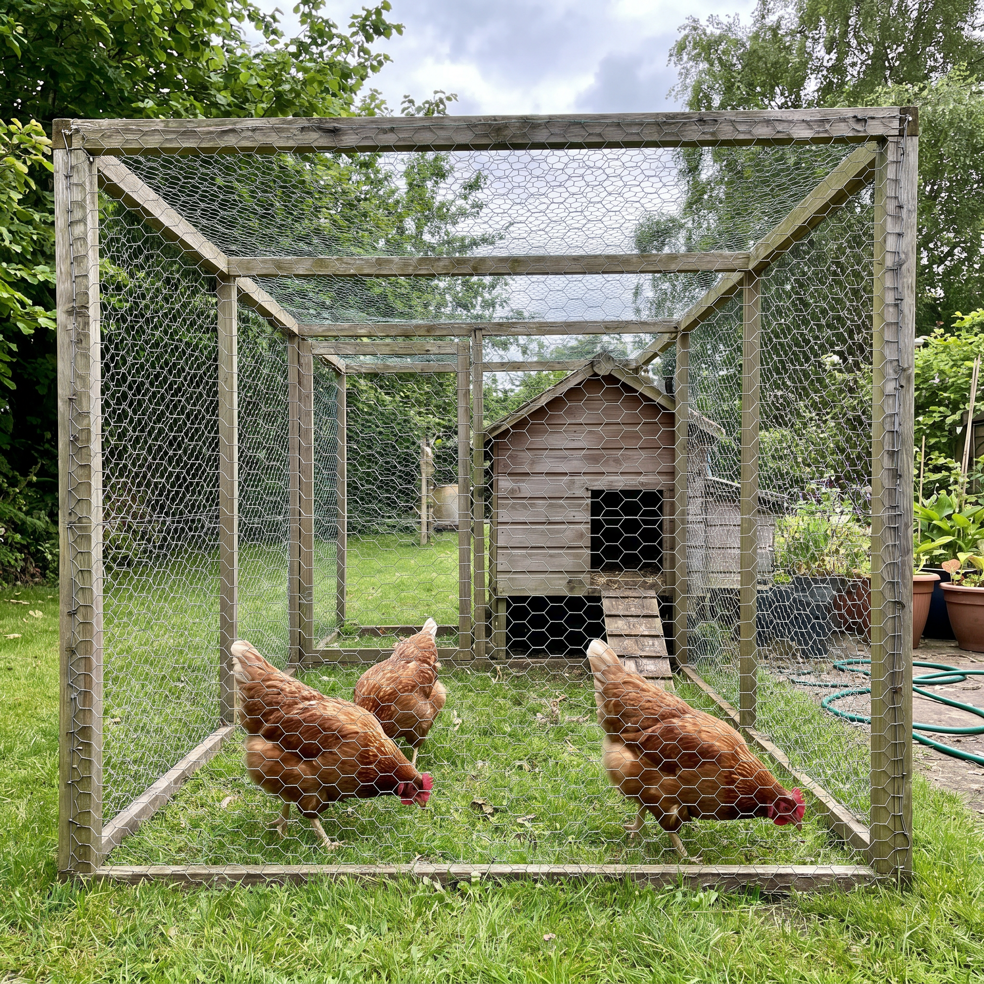 Galvanised chicken wire mesh run around a chicken coop in a UK back garden with hens
